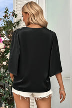 Solid V Neck Satin High Low Hem Blouse | Mixtshop LLC