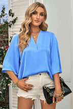 Solid V Neck Satin High Low Hem Blouse | Mixtshop LLC