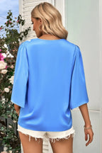 Solid V Neck Satin High Low Hem Blouse | Mixtshop LLC