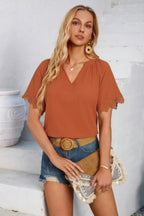 Solid V Neck Lace Hem Butterfly Sleeve Blouse | Mixtshop LLC