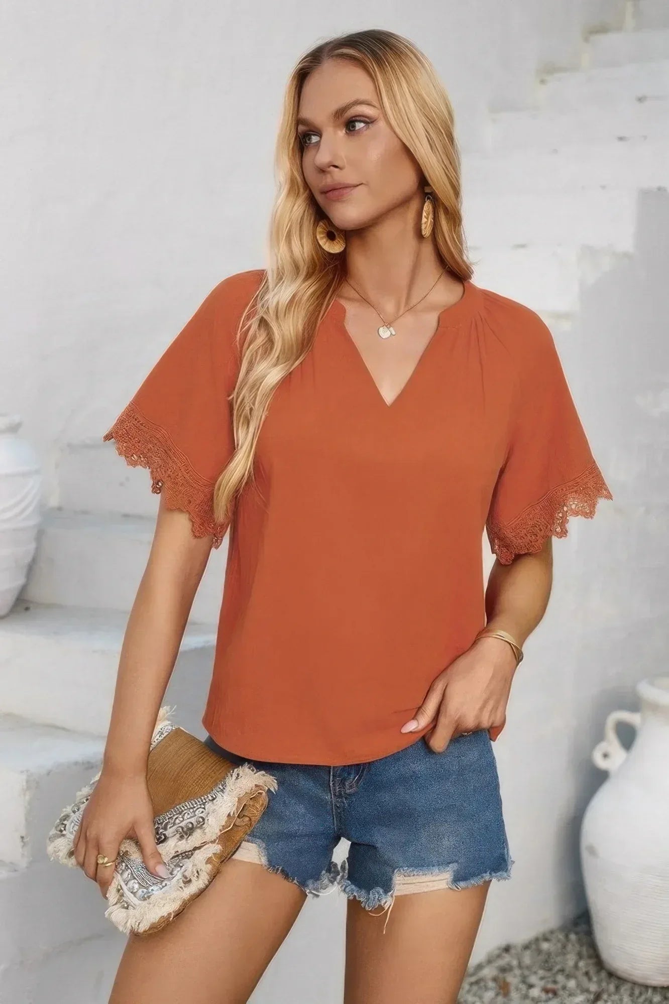 Solid V Neck Lace Hem Butterfly Sleeve Blouse Secondary image