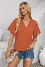 Solid V Neck Lace Hem Butterfly Sleeve Blouse | Mixtshop LLC