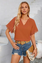 Solid V Neck Lace Hem Butterfly Sleeve Blouse | Mixtshop LLC