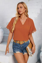 Solid V Neck Lace Hem Butterfly Sleeve Blouse | Mixtshop LLC
