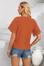 Solid V Neck Lace Hem Butterfly Sleeve Blouse | Mixtshop LLC