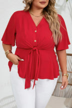 Plus Solid Butterfly Sleeve Knot Front Peplum Shirt | Mixtshop LLC