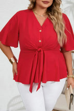Plus Solid Butterfly Sleeve Knot Front Peplum Shirt | Mixtshop LLC