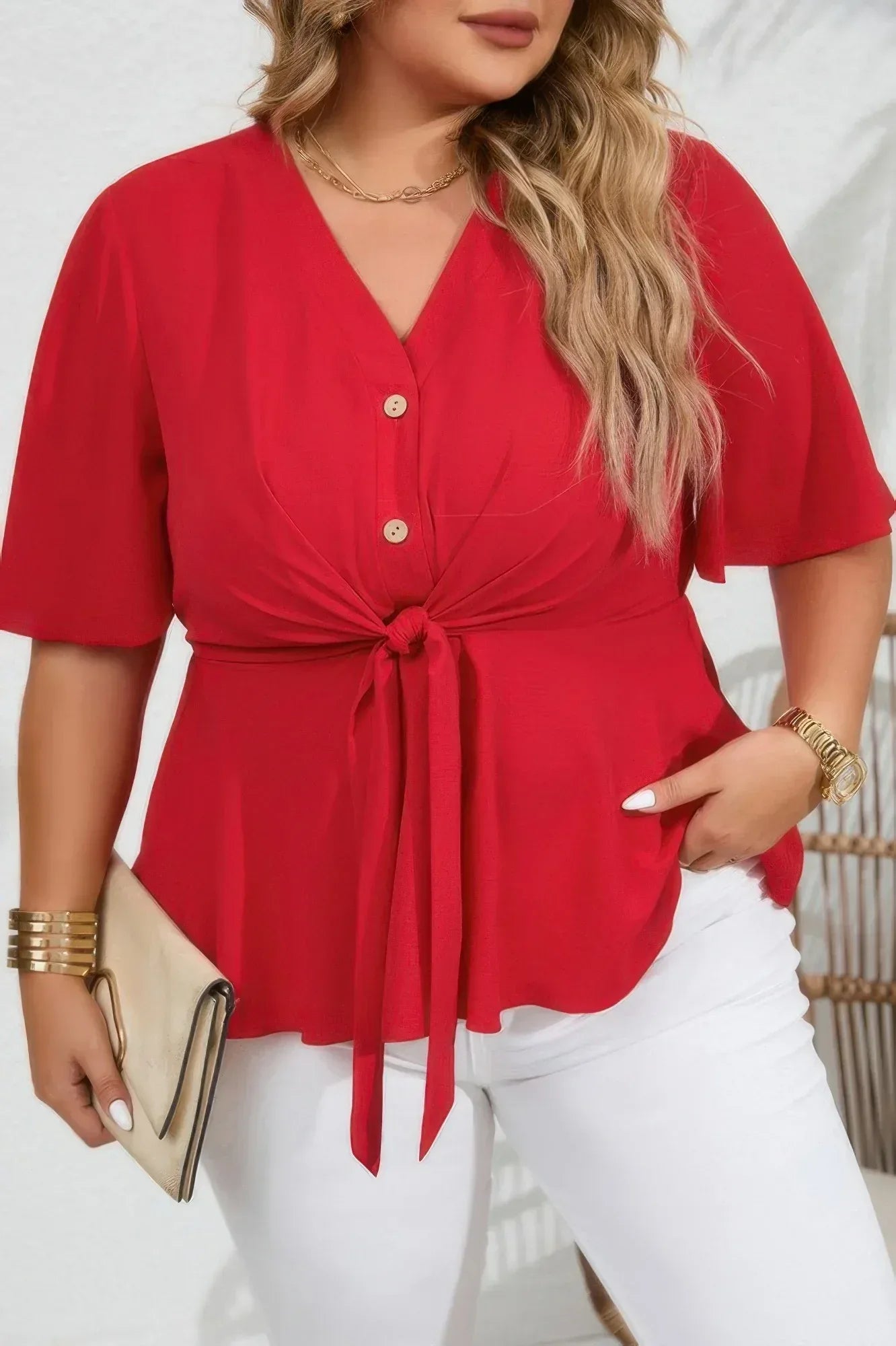 Plus Solid Butterfly Sleeve Knot Front Peplum Shirt | Mixtshop LLC