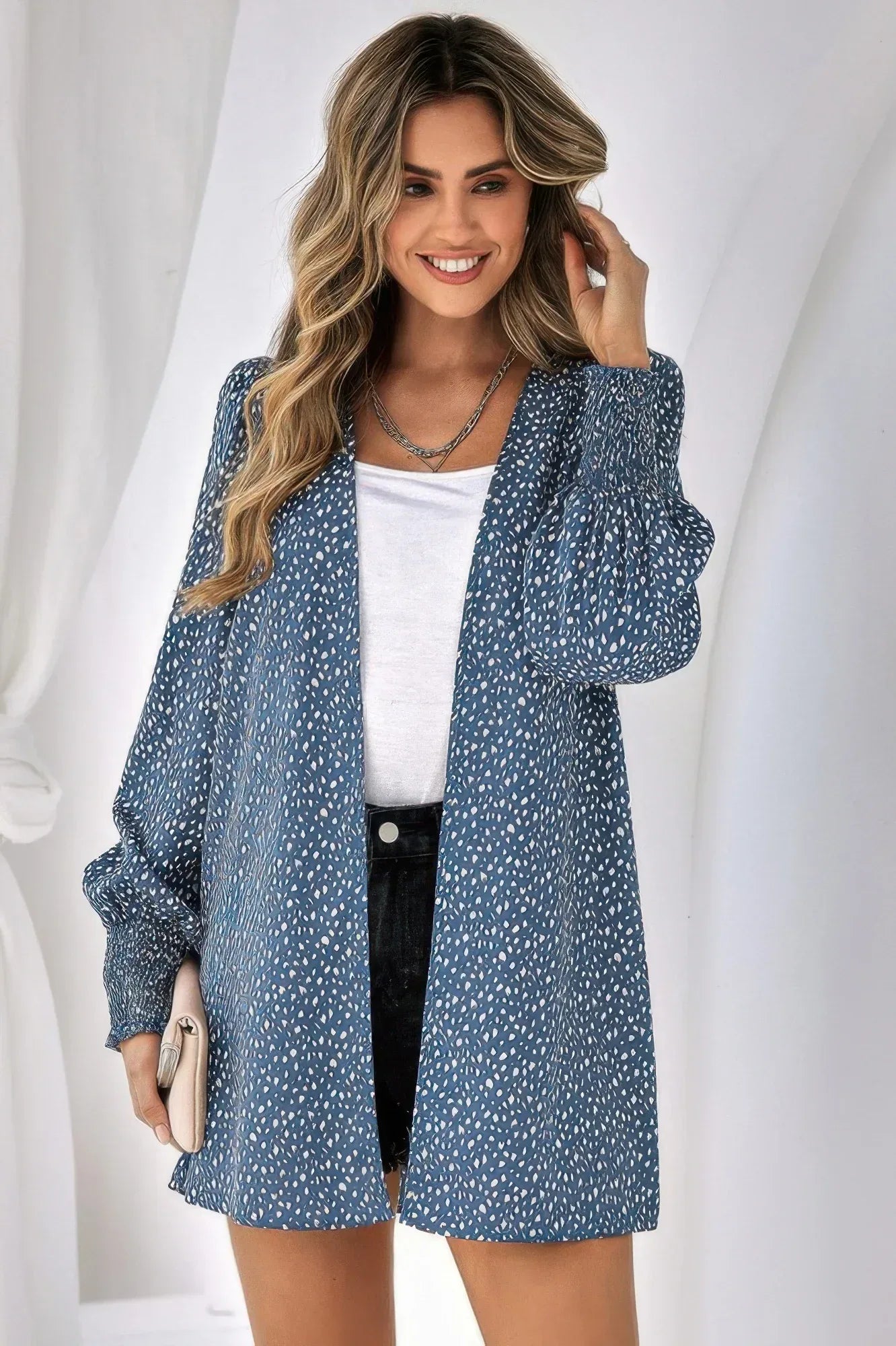 Allover Print Shirred Cuff Lantern Sleeve Kimono | Mixtshop LLC
