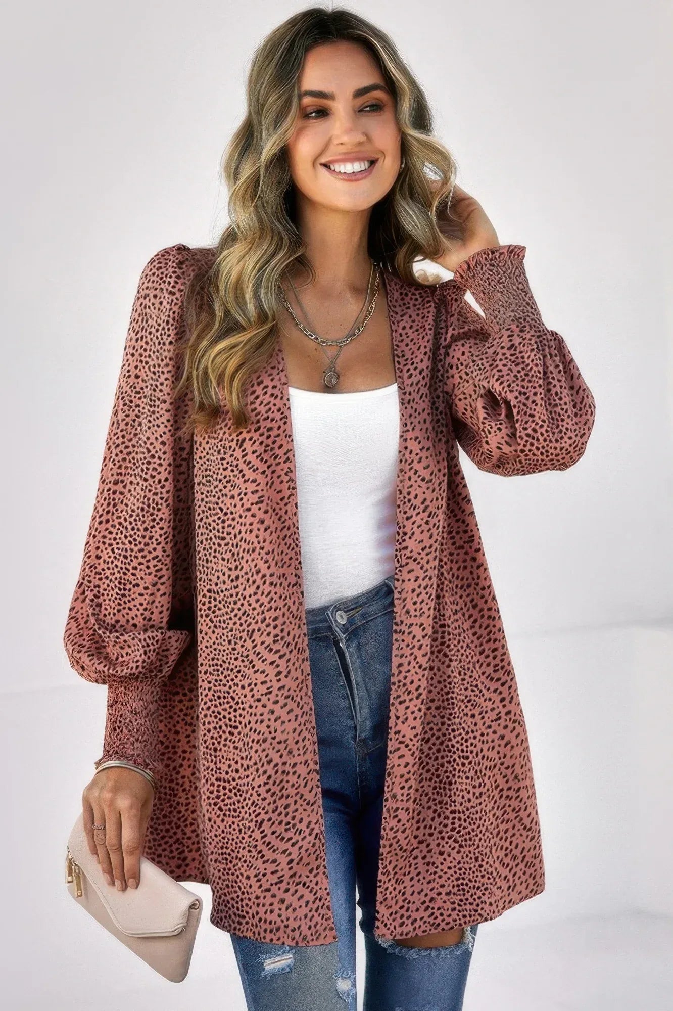Allover Print Shirred Cuff Lantern Sleeve Kimono | Mixtshop LLC