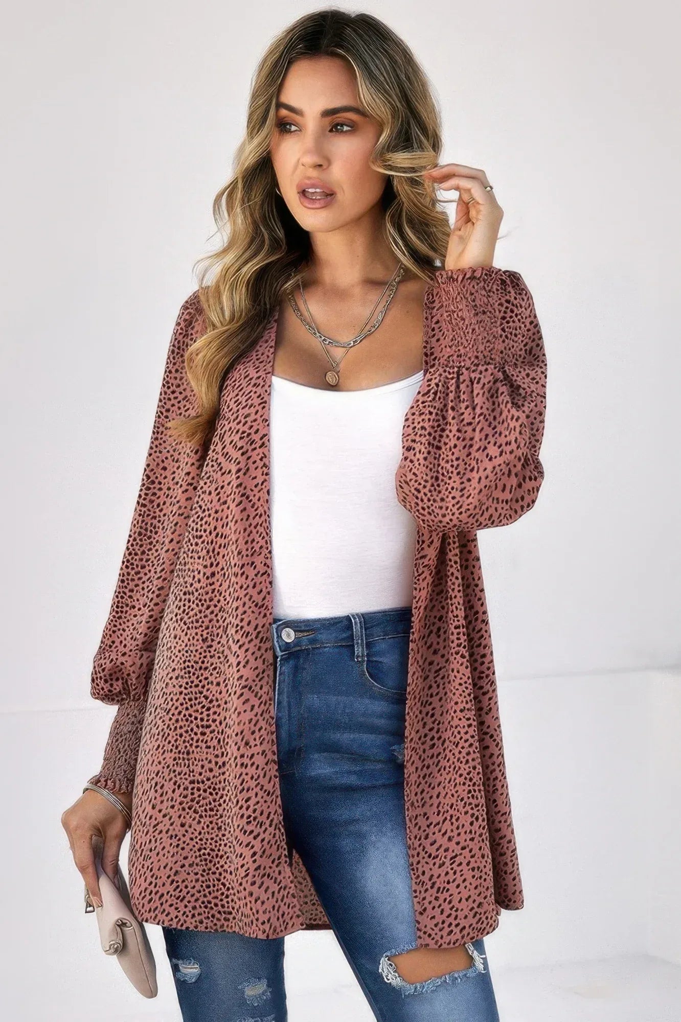 Allover Print Shirred Cuff Lantern Sleeve Kimono | Mixtshop LLC