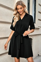 Solid V Neck Waist Tie Belt A Line Dress | Mixtshop LLC