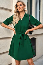 Solid V Neck Waist Tie Belt A Line Dress | Mixtshop LLC