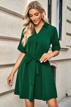 Solid V Neck Waist Tie Belt A Line Dress | Mixtshop LLC