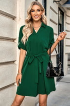 Solid V Neck Waist Tie Belt A Line Dress | Mixtshop LLC