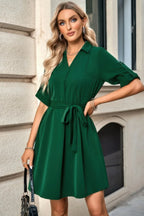 Solid V Neck Waist Tie Belt A Line Dress | Mixtshop LLC