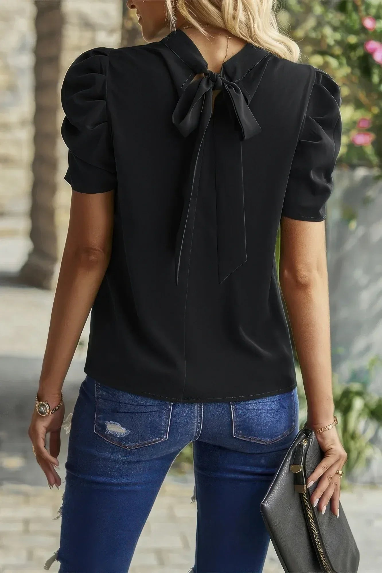 Solid Puff Short Sleeve Mock Neck Pleated T Shirt | Mixtshop LLC