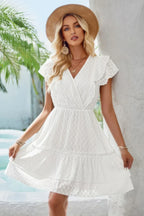 V Neck Hollow Pleated A Line Short Dress | Mixtshop LLC