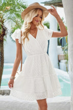 V Neck Hollow Pleated A Line Short Dress | Mixtshop LLC