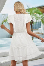 V Neck Hollow Pleated A Line Short Dress | Mixtshop LLC