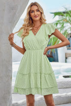 V Neck Hollow Pleated A Line Short Dress | Mixtshop LLC