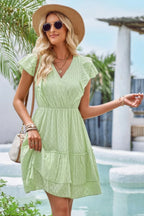 V Neck Hollow Pleated A Line Short Dress | Mixtshop LLC