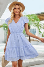 V Neck Hollow Pleated A Line Short Dress | Mixtshop LLC