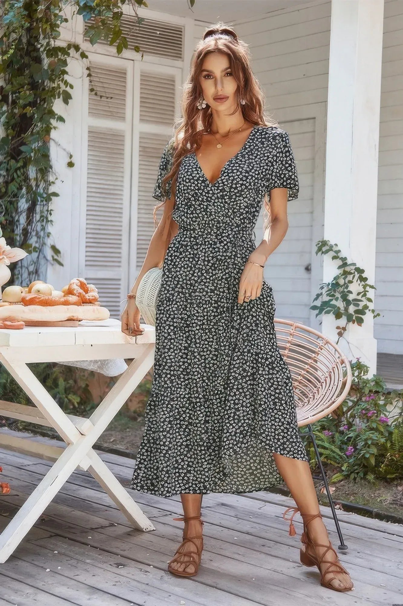 V Neck Short Sleeve Flower Print Dress | Mixtshop LLC Main image