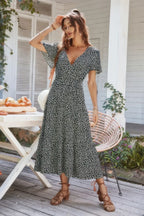 V Neck Short Sleeve Flower Print Dress | Mixtshop LLC