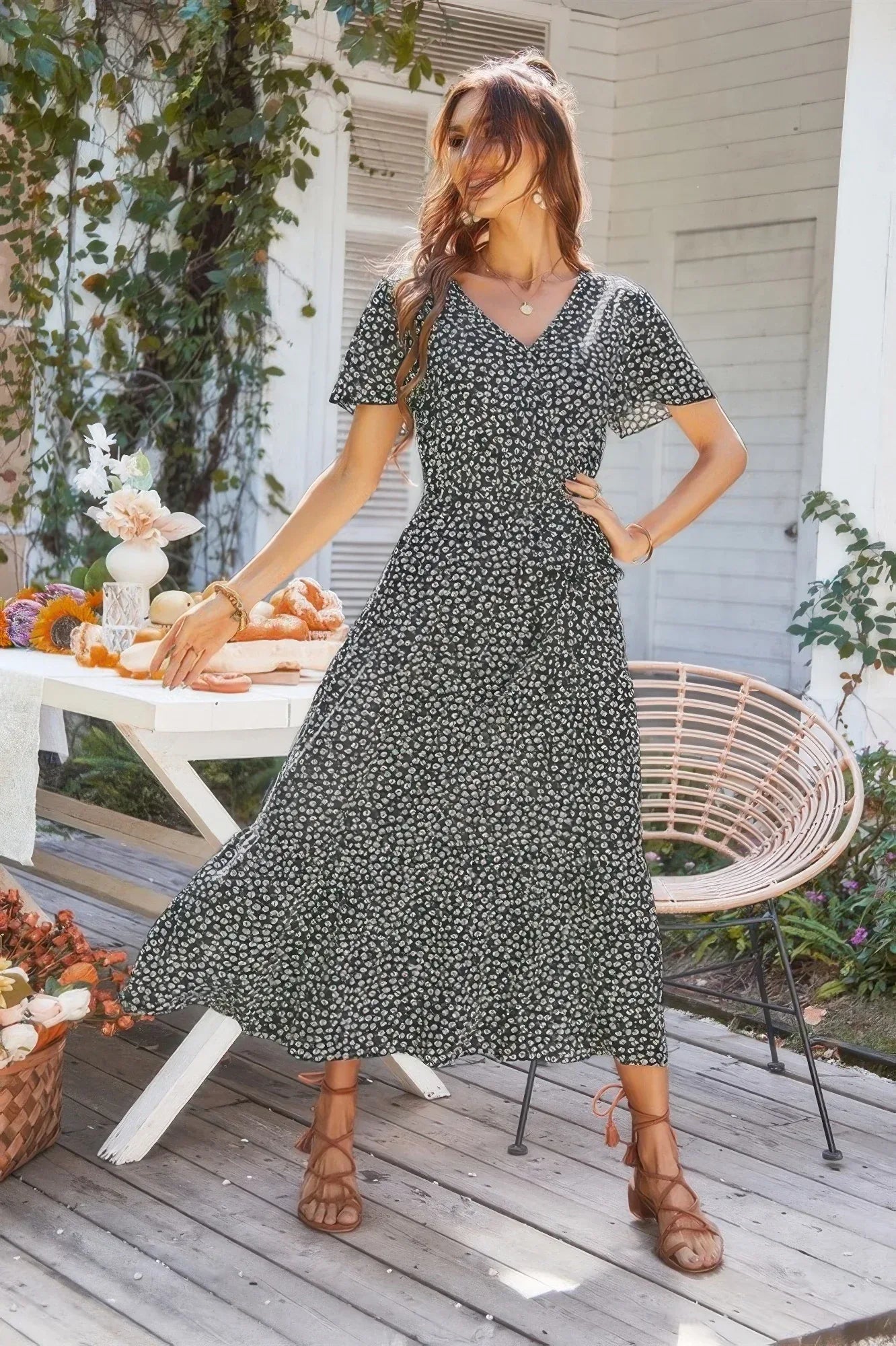 V Neck Short Sleeve Flower Print Dress | Mixtshop LLC