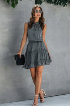 Sleeveless Tie Neck Frill Trim Tiered Layer Dress | Mixtshop LLC