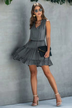 Sleeveless Tie Neck Frill Trim Tiered Layer Dress | Mixtshop LLC