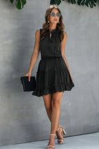 Sleeveless Tie Neck Frill Trim Tiered Layer Dress | Mixtshop LLC
