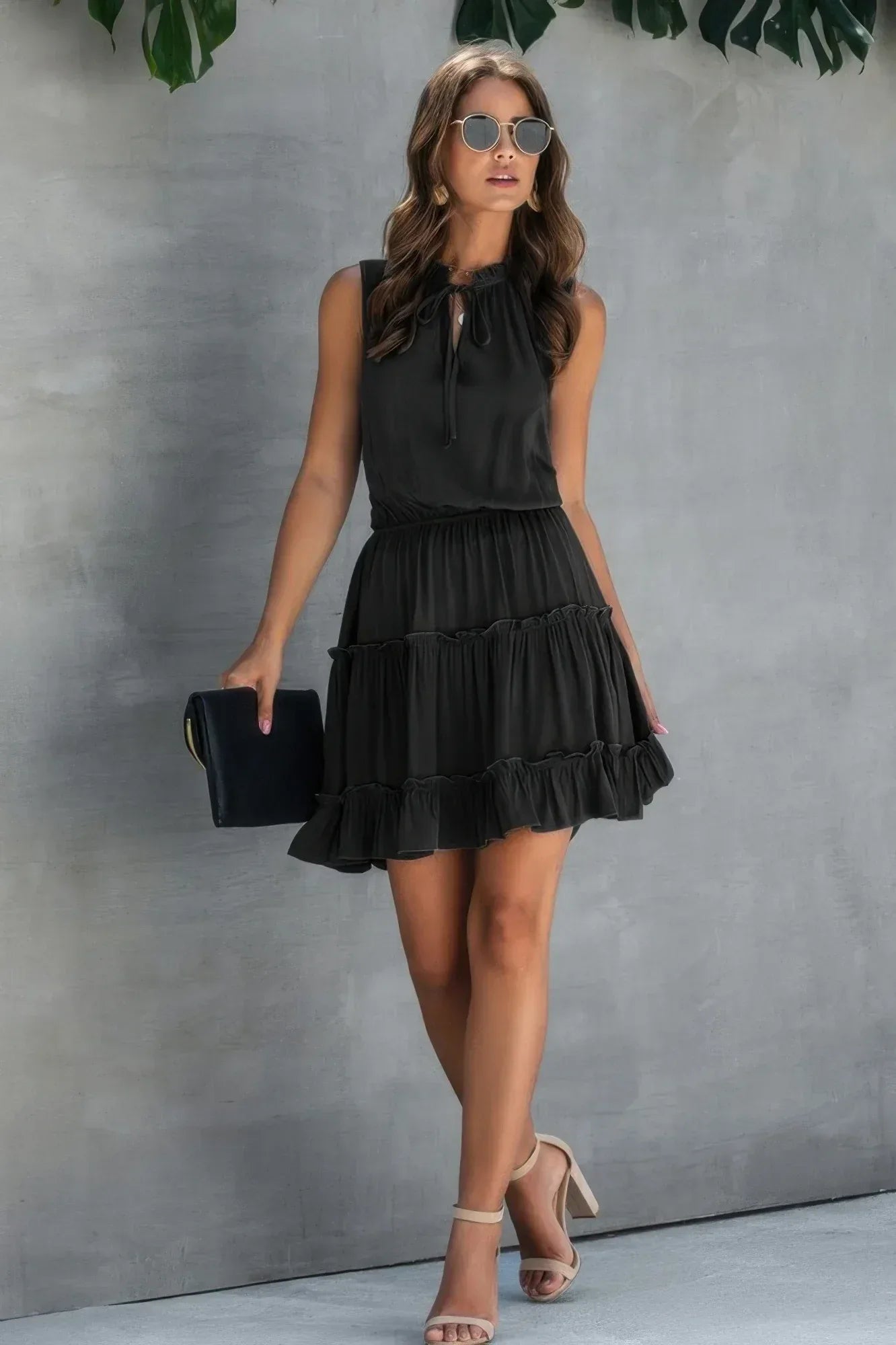 Sleeveless Tie Neck Frill Trim Tiered Layer Dress | Mixtshop LLC