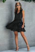 Sleeveless Tie Neck Frill Trim Tiered Layer Dress | Mixtshop LLC