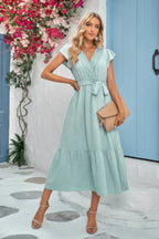 Solid Dot V Neck Lace Ruffle Belt Long Dress | Mixtshop LLC