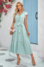 Solid Dot V Neck Lace Ruffle Belt Long Dress | Mixtshop LLC