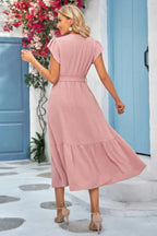 Solid Dot V Neck Lace Ruffle Belt Long Dress | Mixtshop LLC