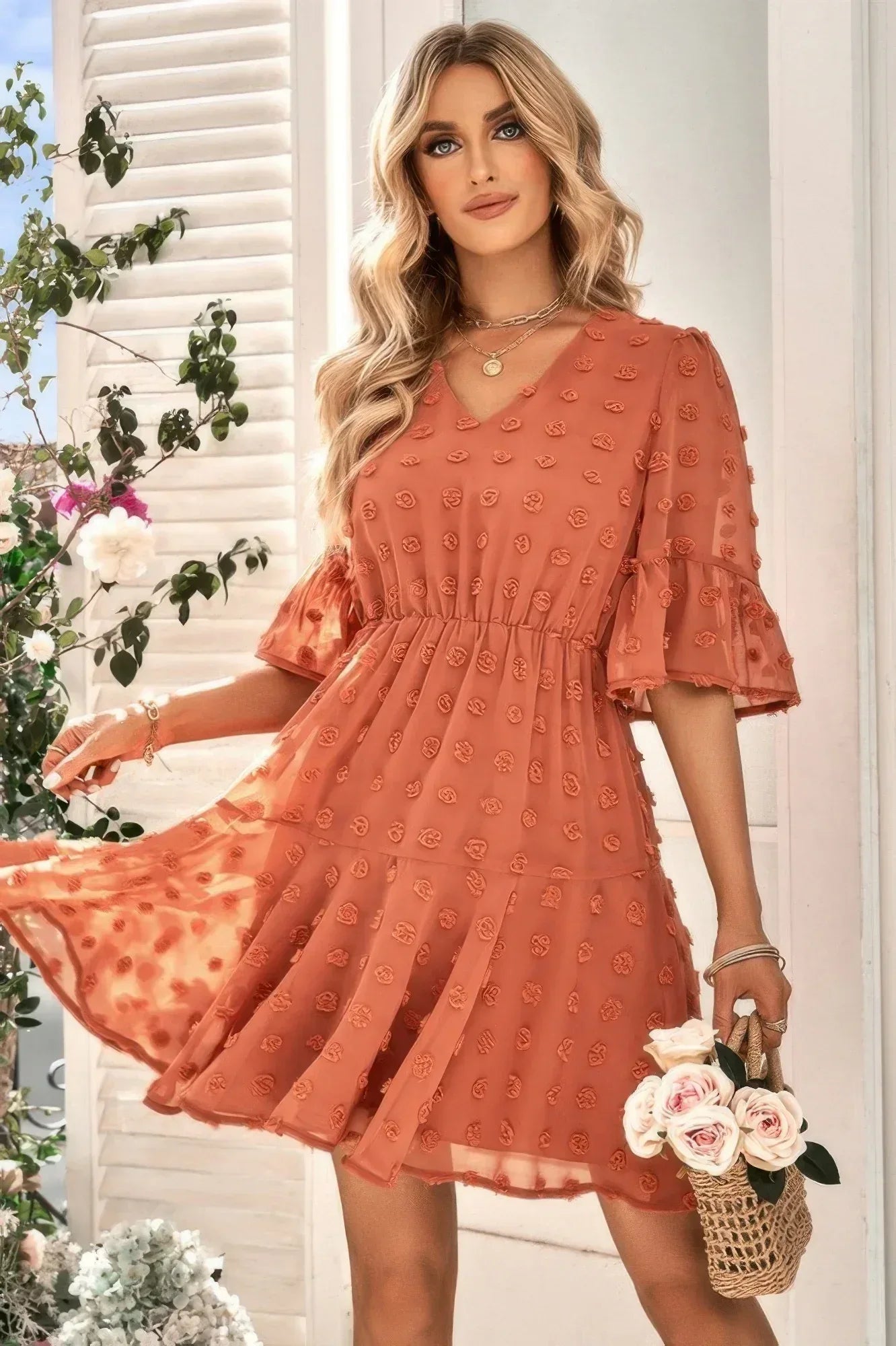 Solid Swiss Dot Flare Sleeve V Neck Dress | Mixtshop LLC Main image