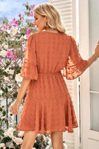 Solid Swiss Dot Flare Sleeve V Neck Dress | Mixtshop LLC