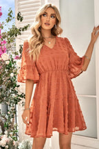 Solid Swiss Dot Flare Sleeve V Neck Dress | Mixtshop LLC