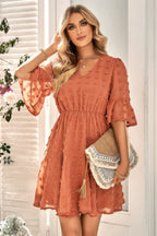 Solid Swiss Dot Flare Sleeve V Neck Dress | Mixtshop LLC
