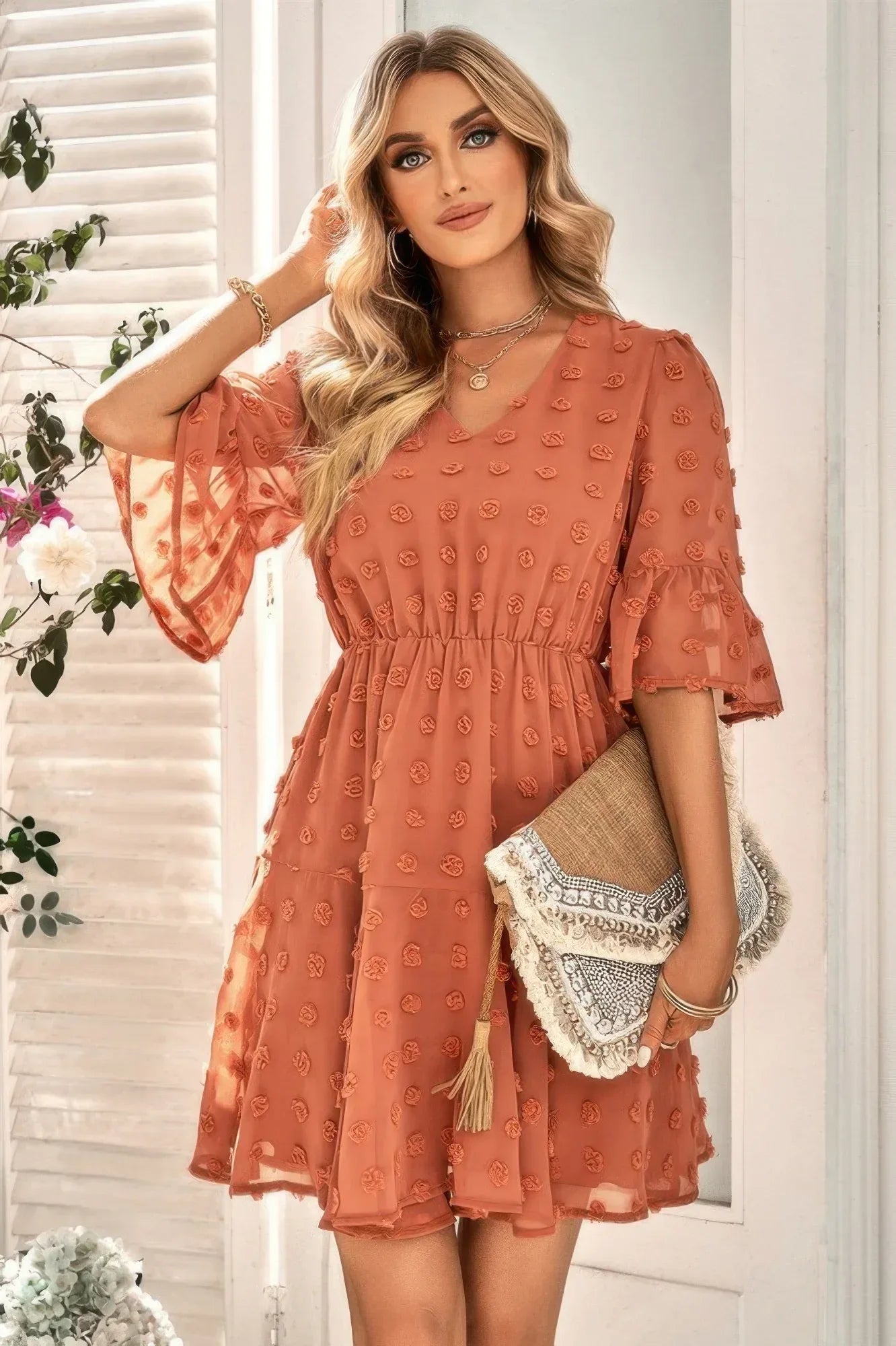 Solid Swiss Dot Flare Sleeve V Neck Dress | Mixtshop LLC