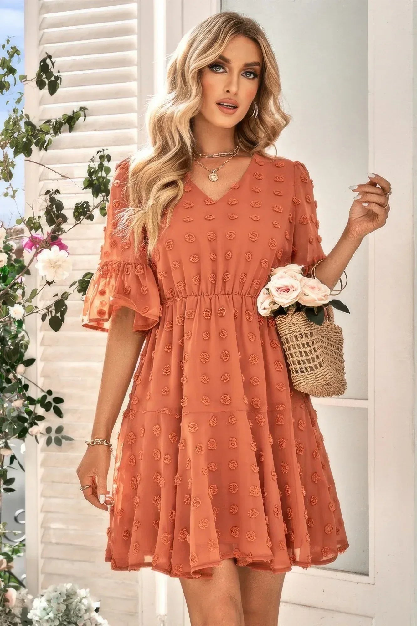 Solid Swiss Dot Flare Sleeve V Neck Dress | Mixtshop LLC