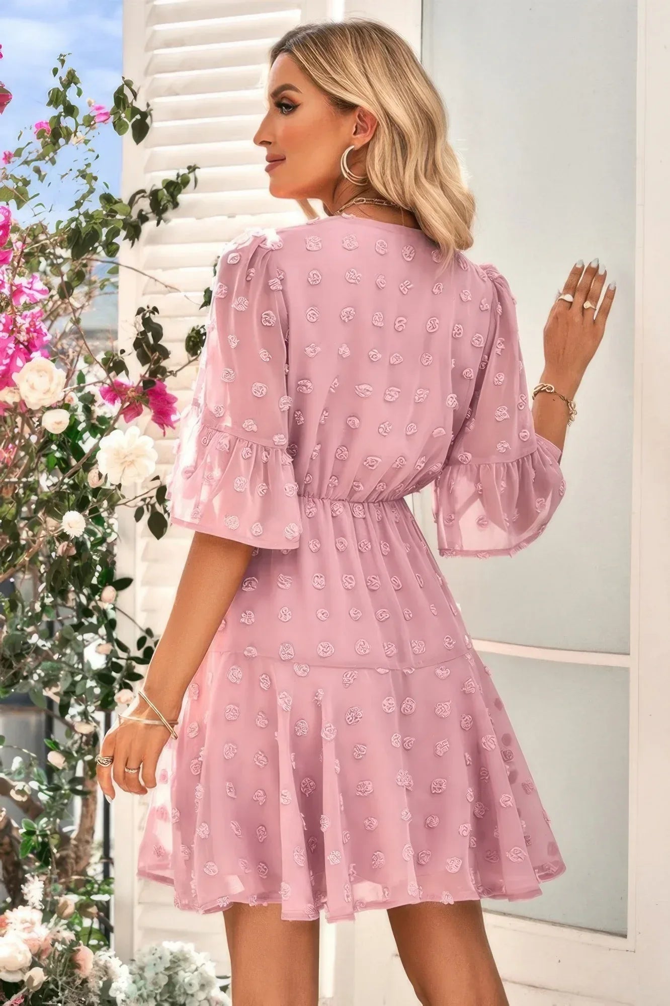 Solid Swiss Dot Flare Sleeve V Neck Dress | Mixtshop LLC