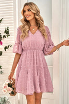 Solid Swiss Dot Flare Sleeve V Neck Dress | Mixtshop LLC