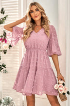 Solid Swiss Dot Flare Sleeve V Neck Dress | Mixtshop LLC
