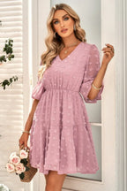 Solid Swiss Dot Flare Sleeve V Neck Dress | Mixtshop LLC