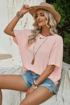 Knot Back Open Back Lace Trim Solid Loose Fit Top | Mixtshop LLC