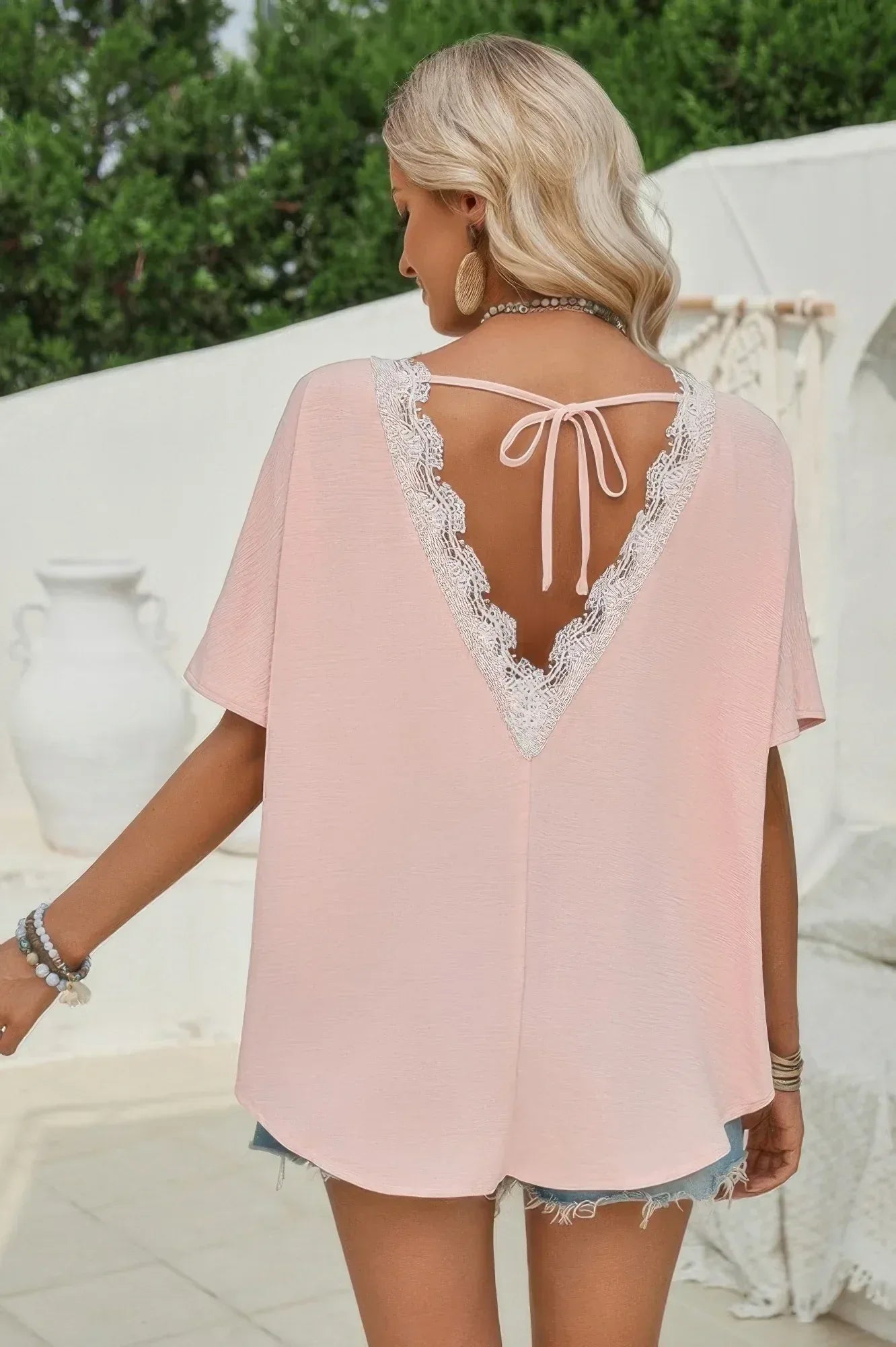 Knot Back Open Back Lace Trim Solid Loose Fit Top | Mixtshop LLC